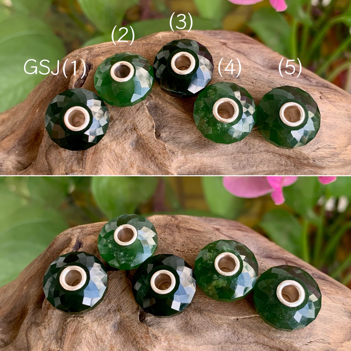 Faceted Green Serpentine Jade Gemstone Bead in the shape of abacus bead with Sliver Core for European Charm Bracelets
