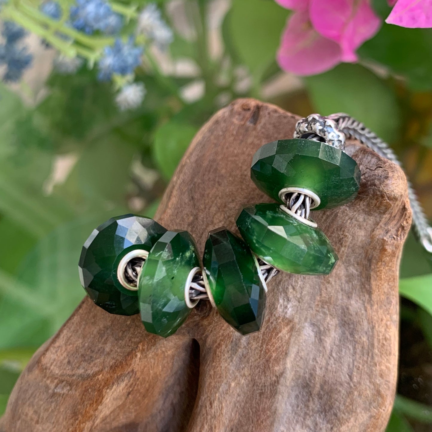 Faceted Green Serpentine Jade Gemstone Bead in the shape of abacus bead with Sliver Core for European Charm Bracelets
