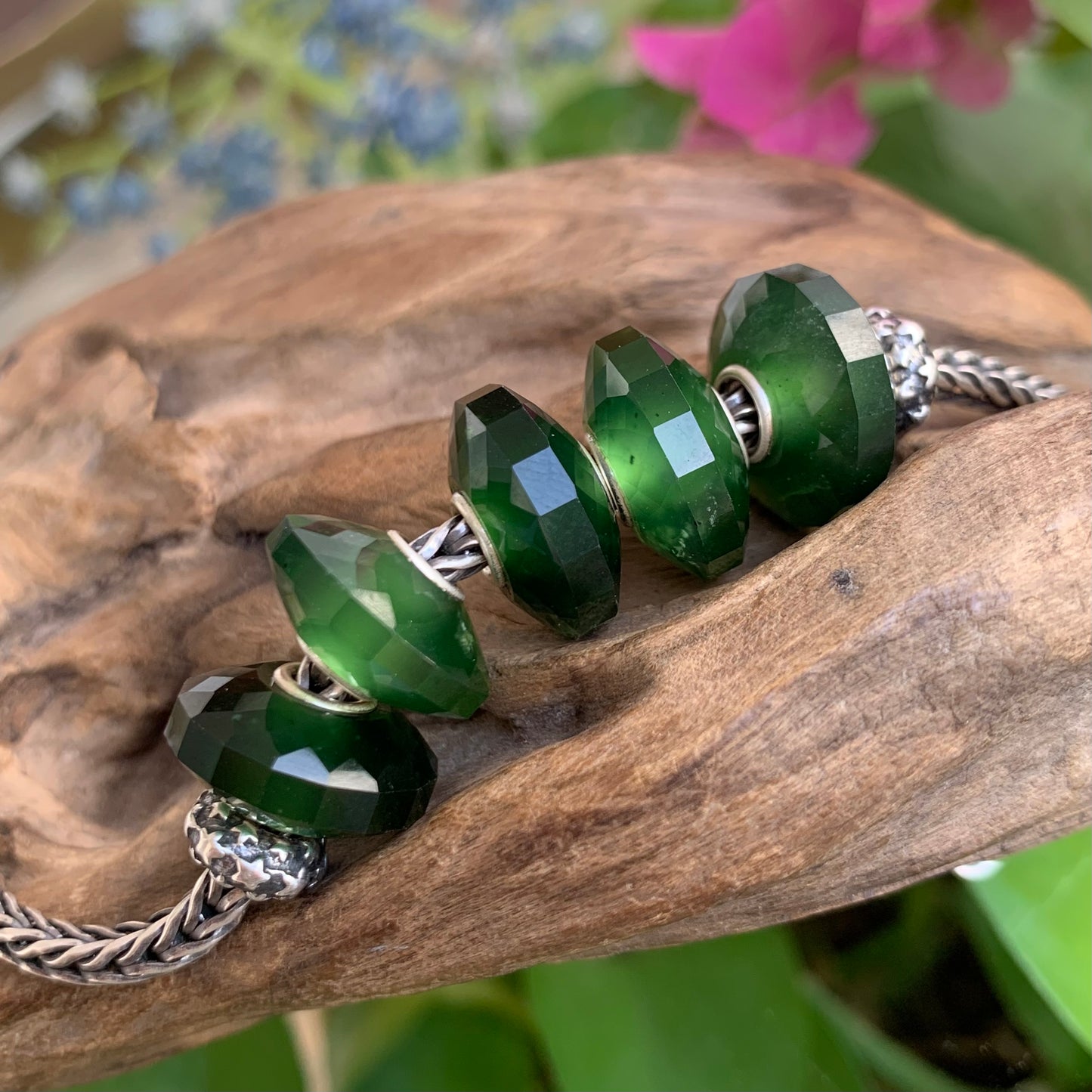 Faceted Green Serpentine Jade Gemstone Bead in the shape of abacus bead with Sliver Core for European Charm Bracelets