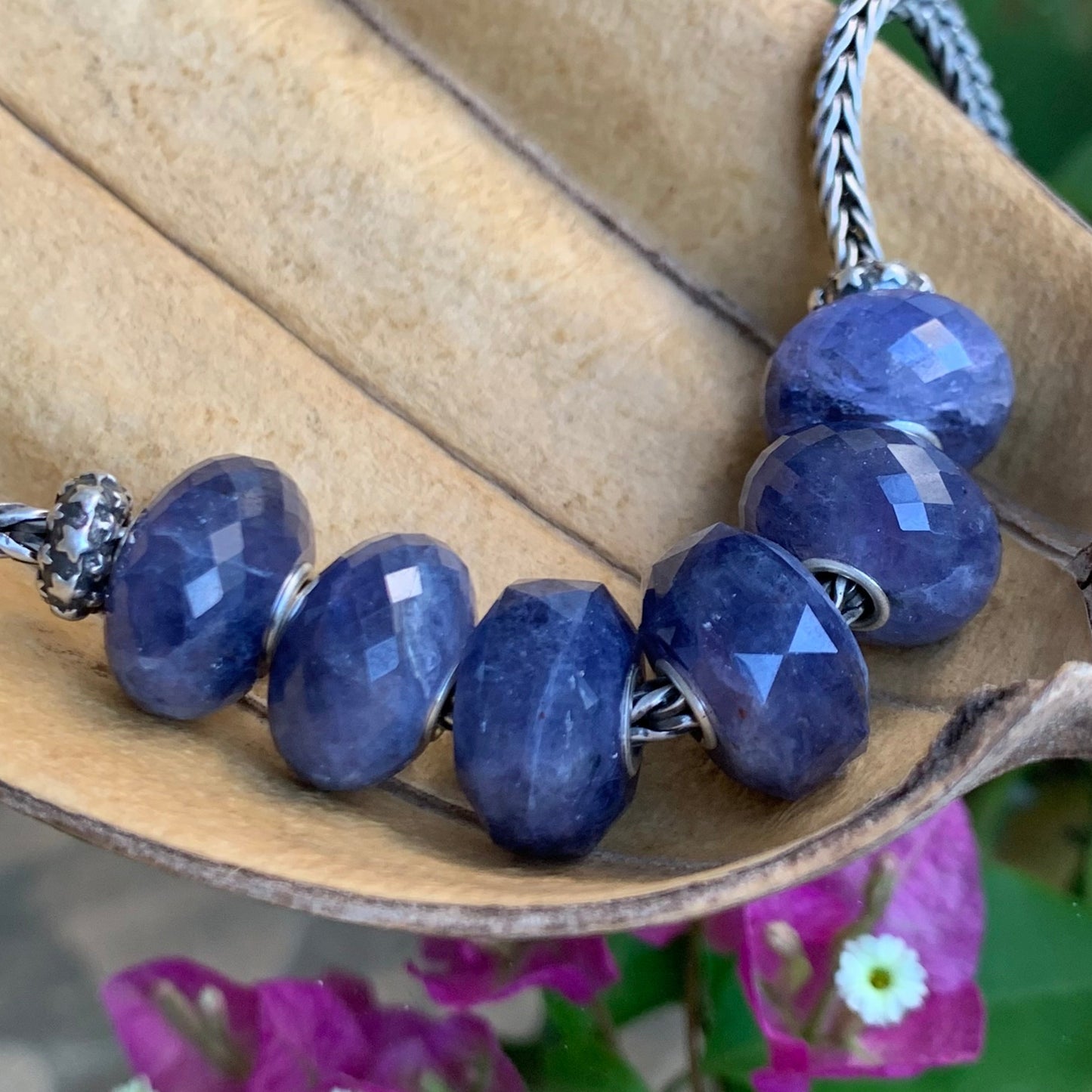 Faceted Iolite Cordierite Beads Gemstone Beads Charm with Silver Core for European Trollbeads Bracelets Bangles or Pandora Bangles