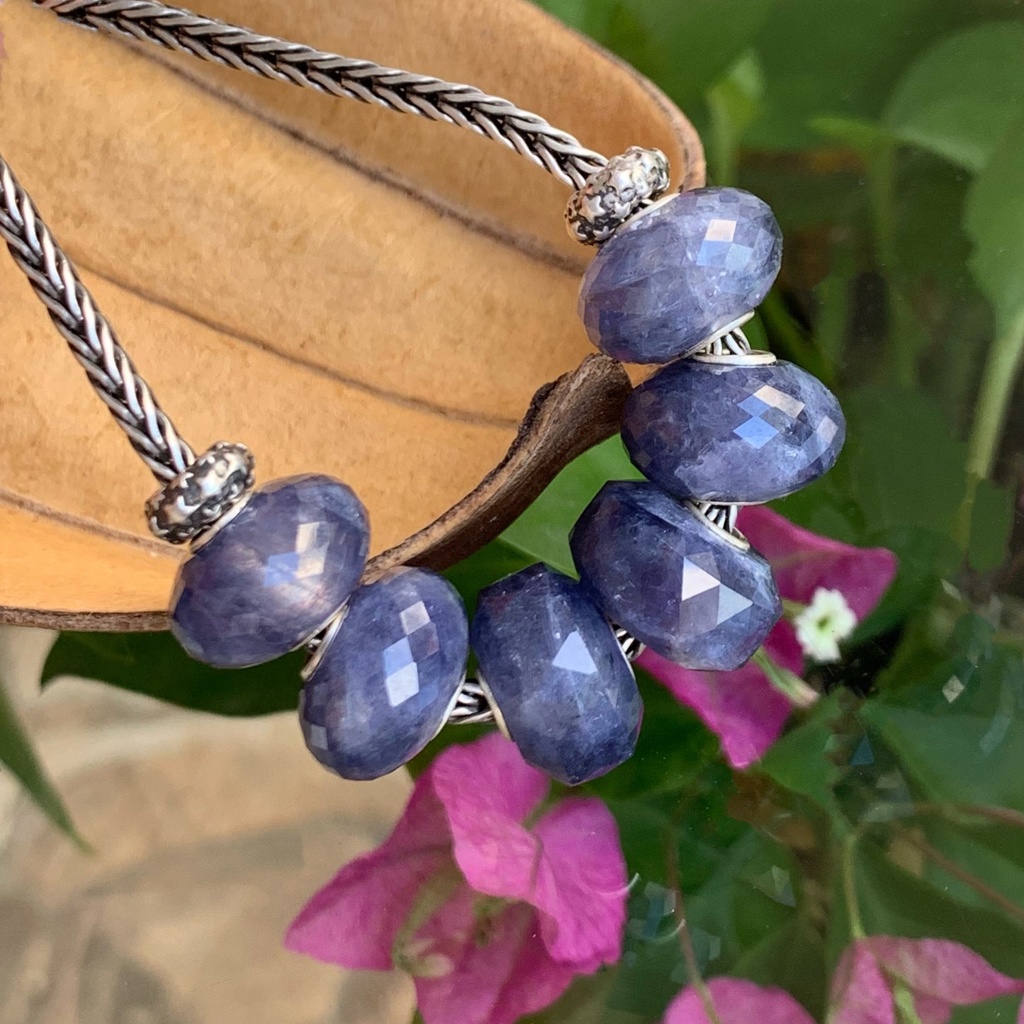 Faceted Iolite Cordierite Beads Gemstone Beads Charm with Silver Core for European Trollbeads Bracelets Bangles or Pandora Bangles