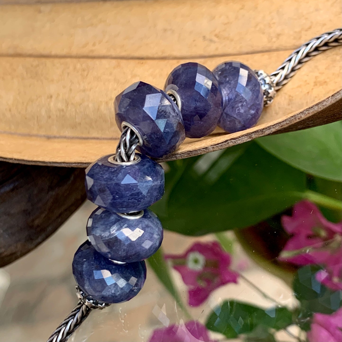 Faceted Iolite Cordierite Beads Gemstone Beads Charm with Silver Core for European Trollbeads Bracelets Bangles or Pandora Bangles