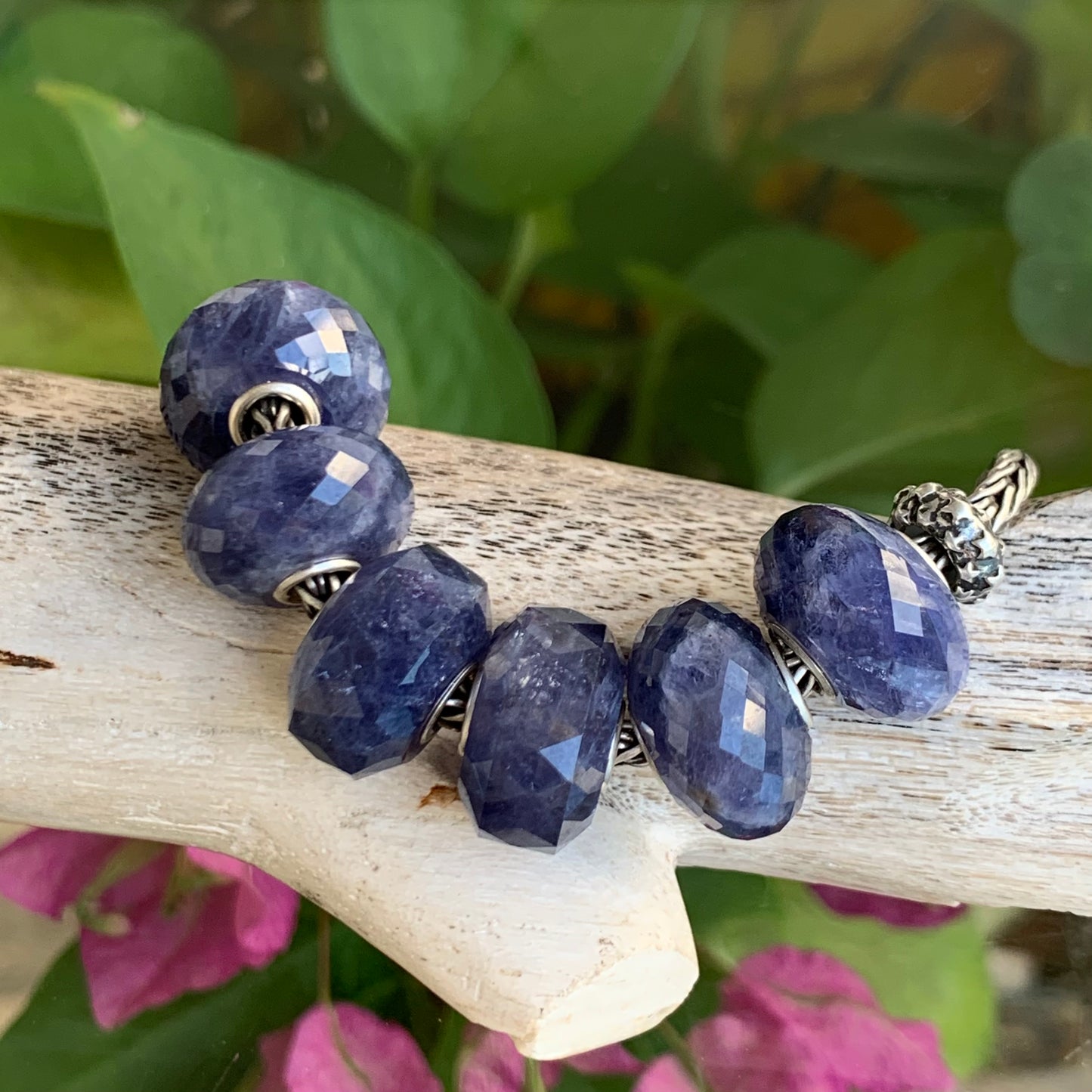 Faceted Iolite Cordierite Beads Gemstone Beads Charm with Silver Core for European Trollbeads Bracelets Bangles or Pandora Bangles