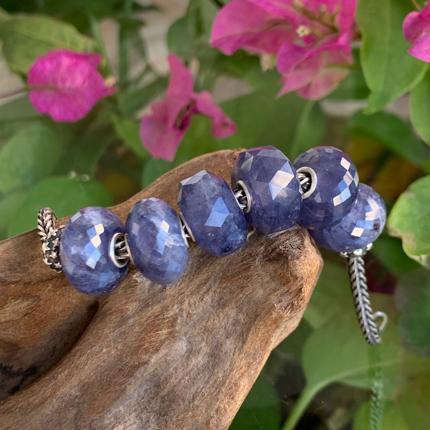 Faceted Iolite Cordierite Beads Gemstone Beads Charm with Silver Core for European Trollbeads Bracelets Bangles or Pandora Bangles