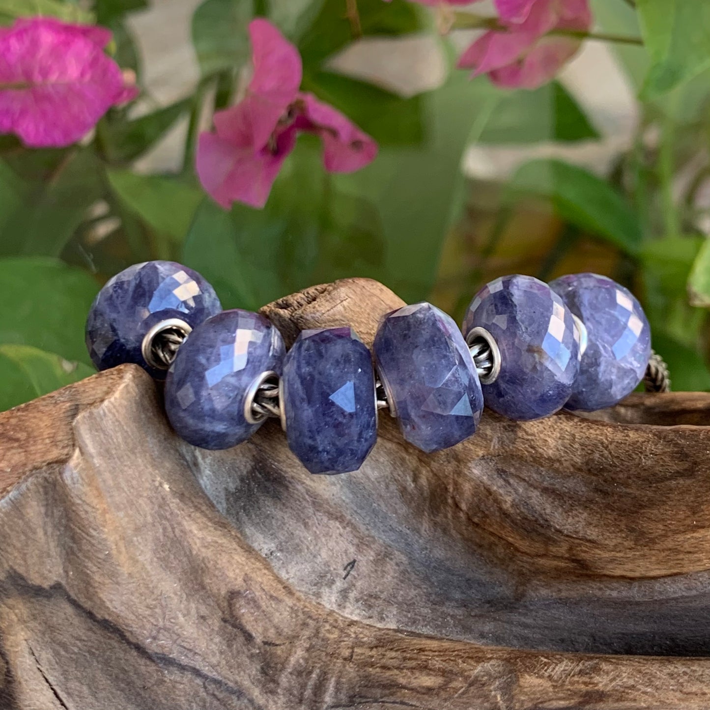 Faceted Iolite Cordierite Beads Gemstone Beads Charm with Silver Core for European Trollbeads Bracelets Bangles or Pandora Bangles