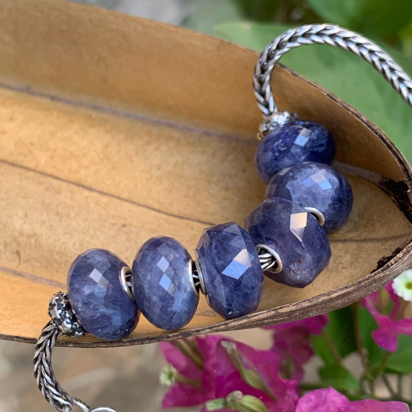 Faceted Iolite Cordierite Beads Gemstone Beads Charm with Silver Core for European Trollbeads Bracelets Bangles or Pandora Bangles