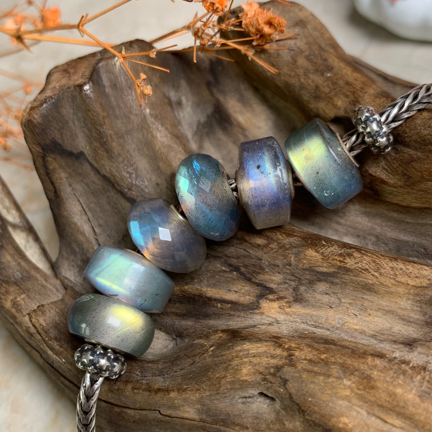 Charming Faceted Labradorite Beads and Smooth Wheel Shaped Labradorite Beads with Silver Core