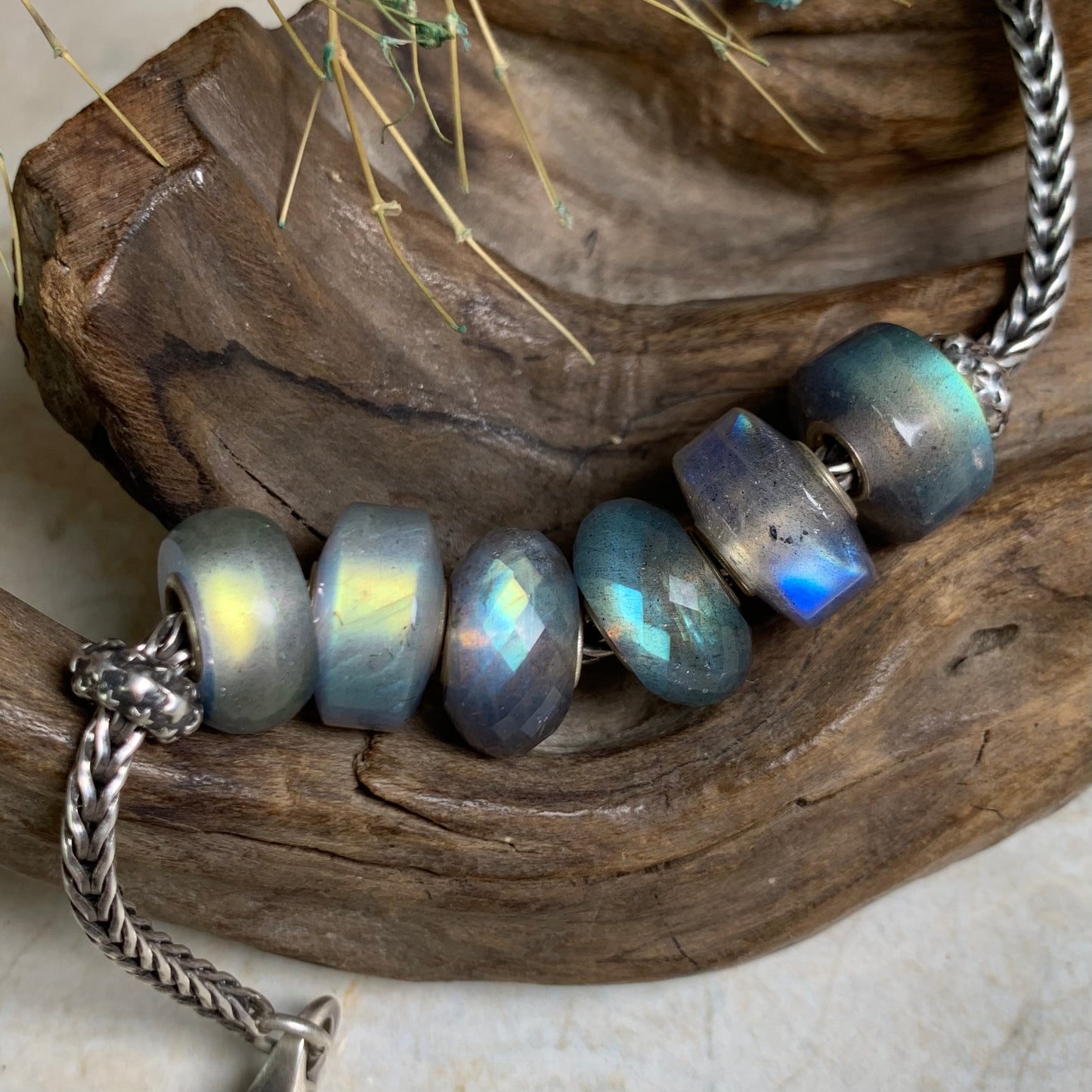 Charming Faceted Labradorite Beads and Smooth Wheel Shaped Labradorite Beads with Silver Core