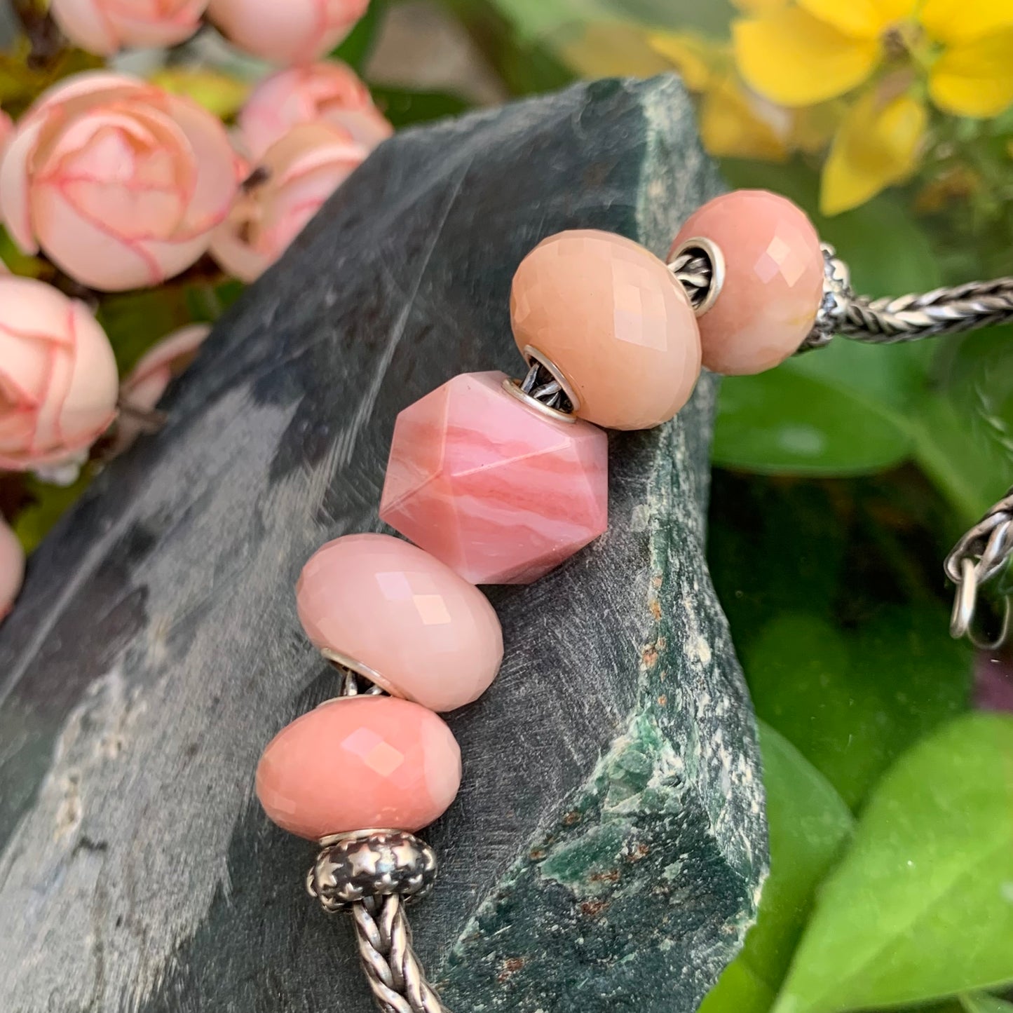 Natural Flat and Polyhedron Pink Opal Beads with Big Core Fits European Charm Bracelets