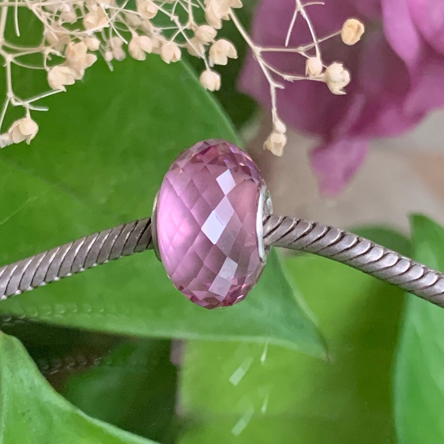 Faceted Pink Zircon Beads with Sterling Silver Core for European Bracelets and Bangles