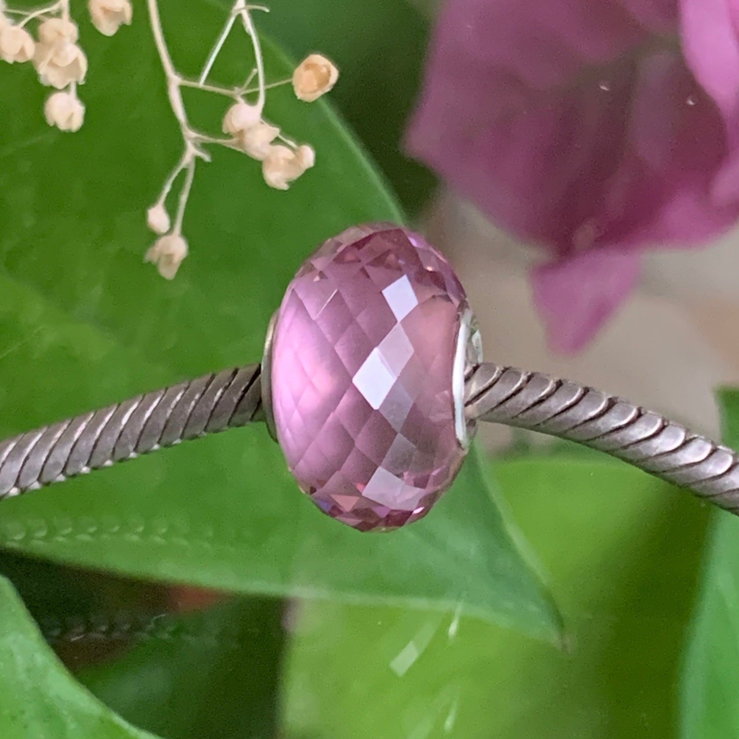 Faceted Pink Zircon Beads with Sterling Silver Core for European Bracelets and Bangles