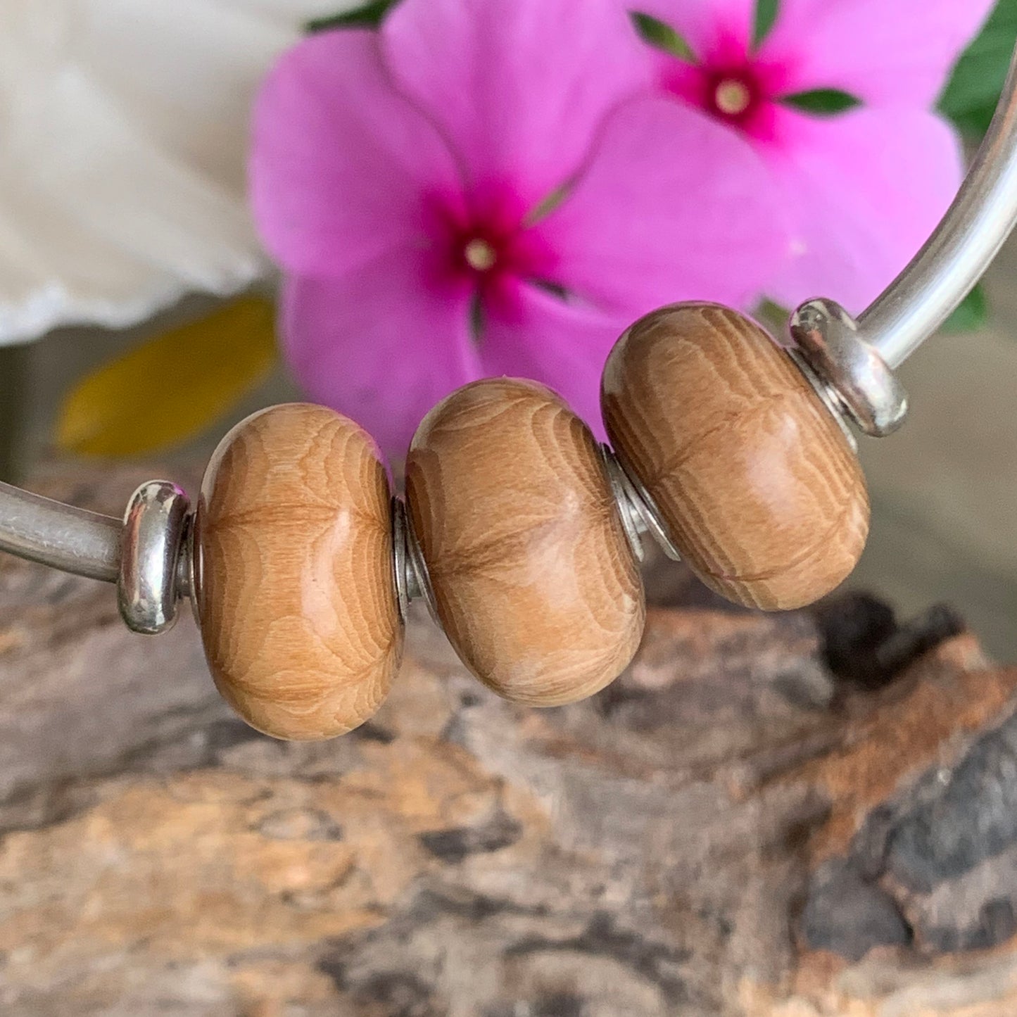 Ampearlbeads Natural Six Paths Wooden Beads with Sterling Silver Core for Bracelets or Bangles