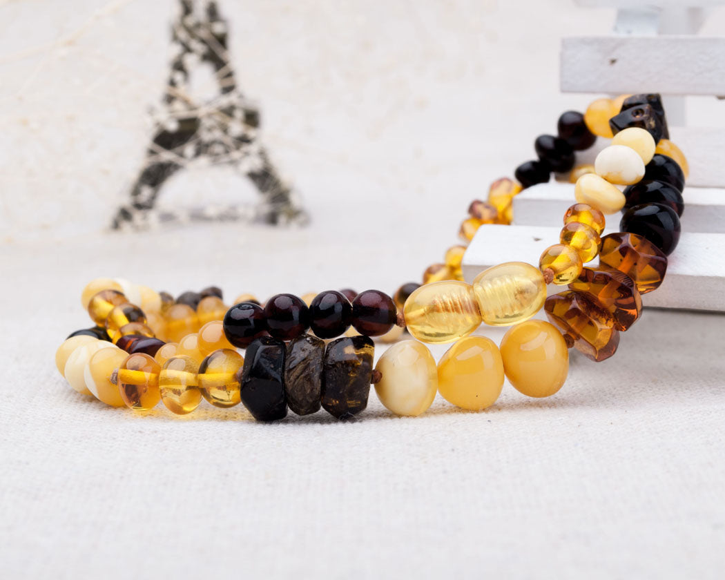 Multicolour Baltic Amber Beads Necklace with Screw Clasp and Safe Knoted Teething Amber Necklace