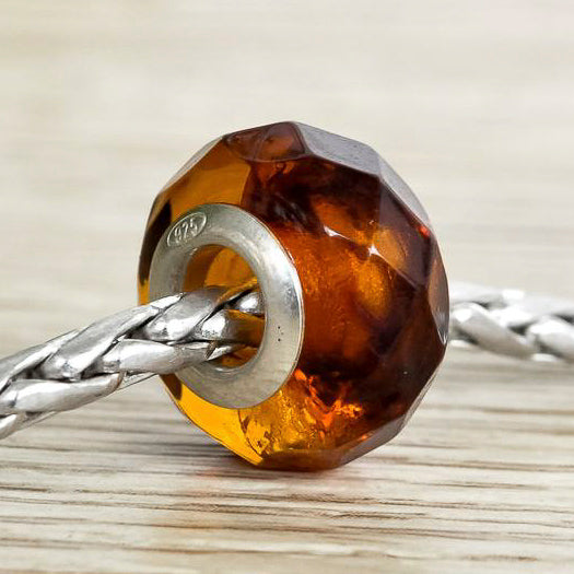 Baltic Cognac Amber Faceted Bead with Silver Core for European Bracelets