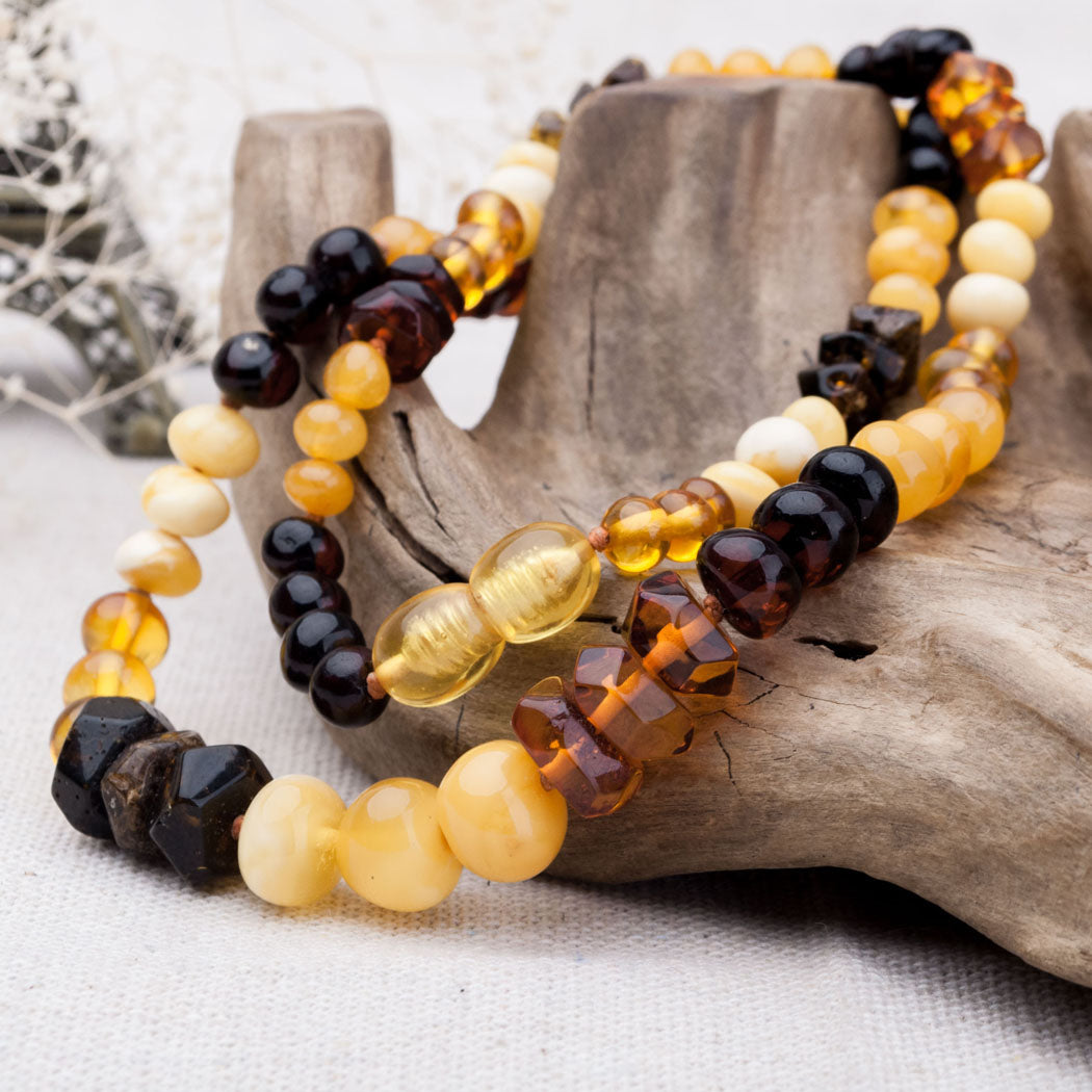 Multicolour Baltic Amber Beads Necklace with Screw Clasp and Safe Knoted Teething Amber Necklace