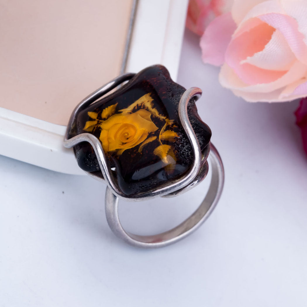 Baltic Amber & Silver Ring with Flower Carved2