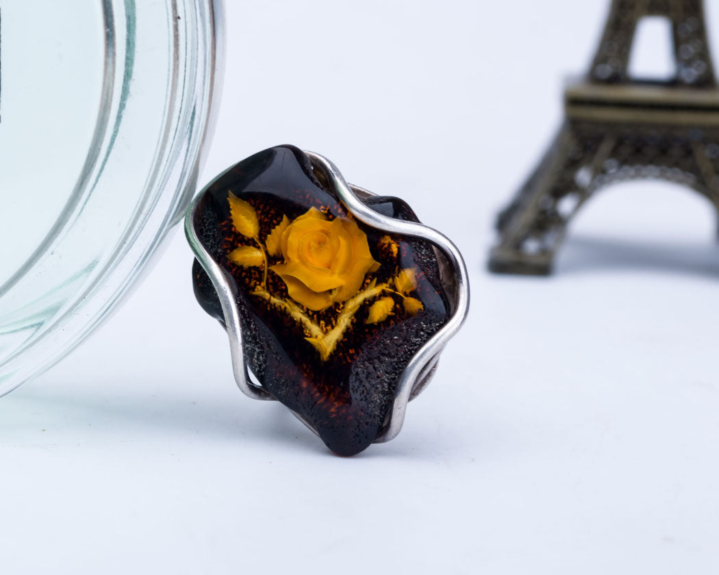 Baltic Amber & Silver Ring with Flower Carved2