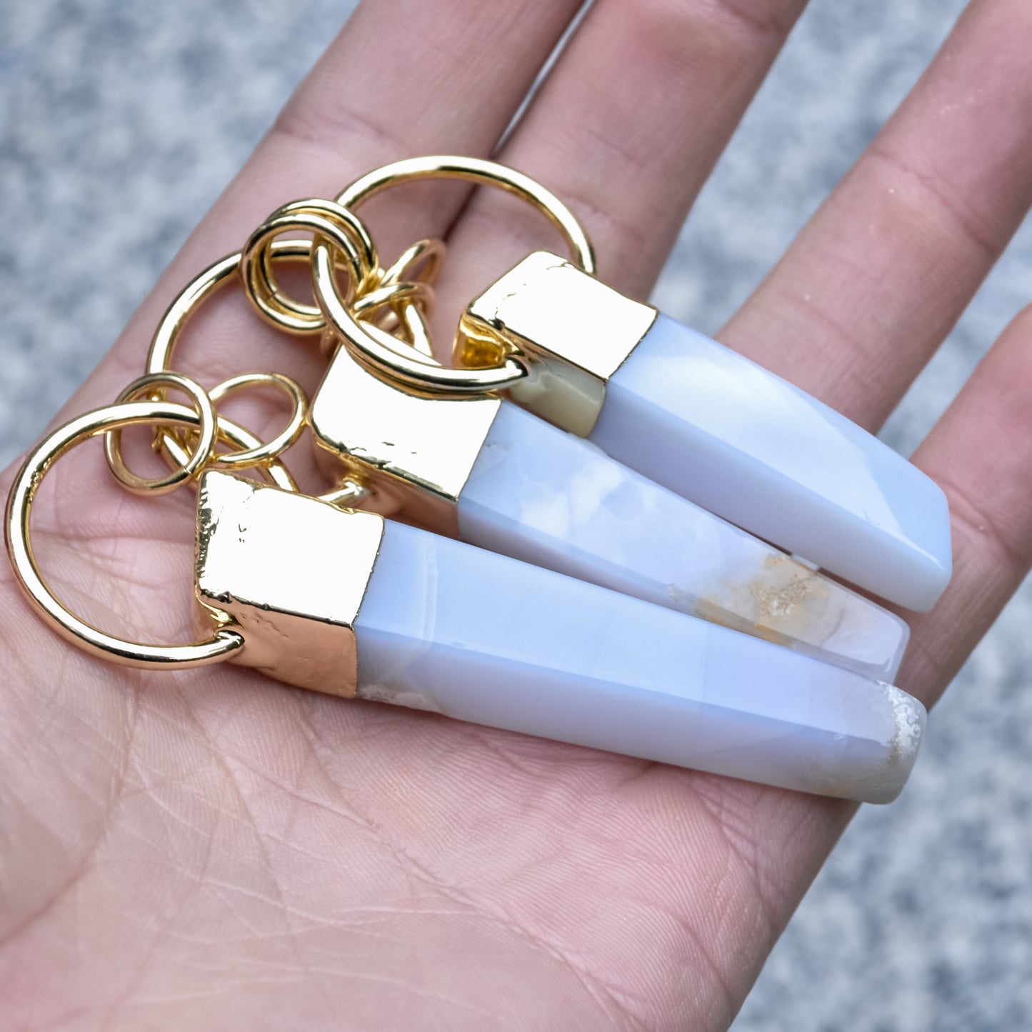 Natural Light Blue Chalcedony Gemstone Pendant Wedged Shape with Gold Plated Copper layering