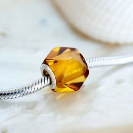 Faceted Baltic Cognac Polyhedron Amber Bead with Big Sterling Sliver Core for European Charm Bracelets