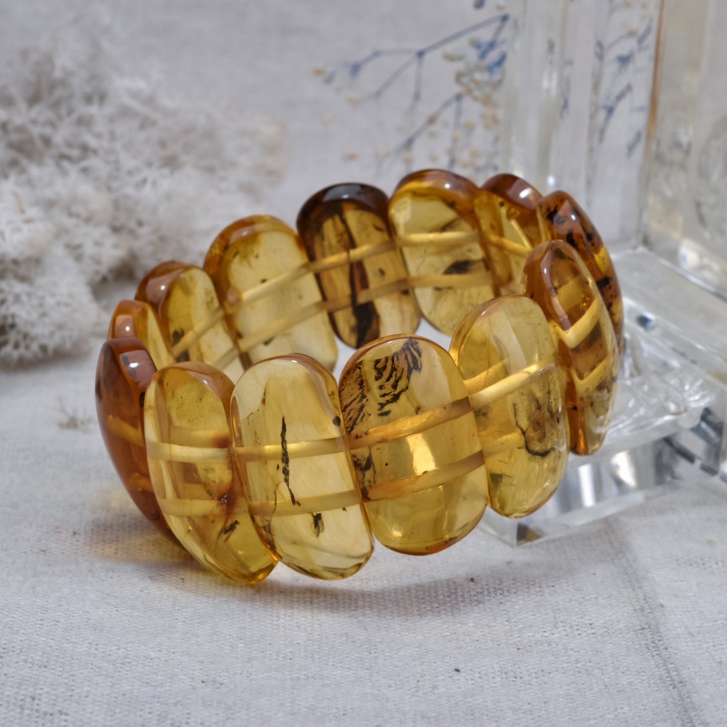 Handmade Cognac Color Charm Bracelet with Large Modern Smooth Natural Amber Gemstone Beads