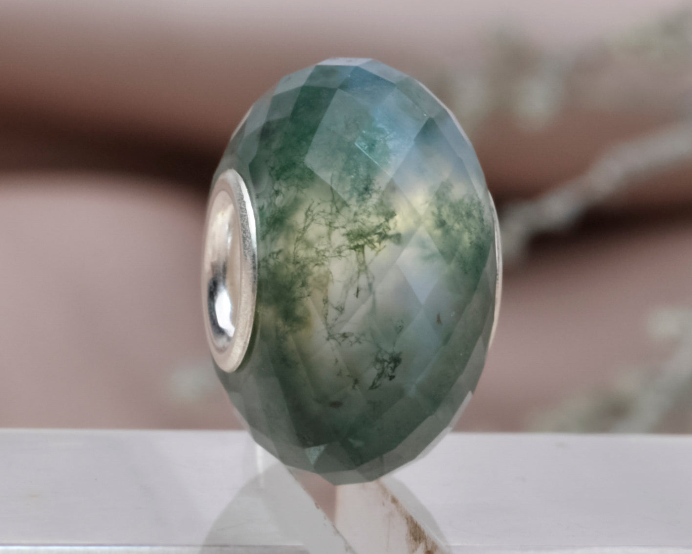 Faceted Green Waterweeds Agate Carnelian Gemstone Fashion Style Bead with Sterling Silver Core for European Bracelets