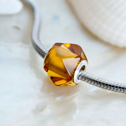 Faceted Baltic Cognac Polyhedron Amber Bead with Big Sterling Sliver Core for European Charm Bracelets