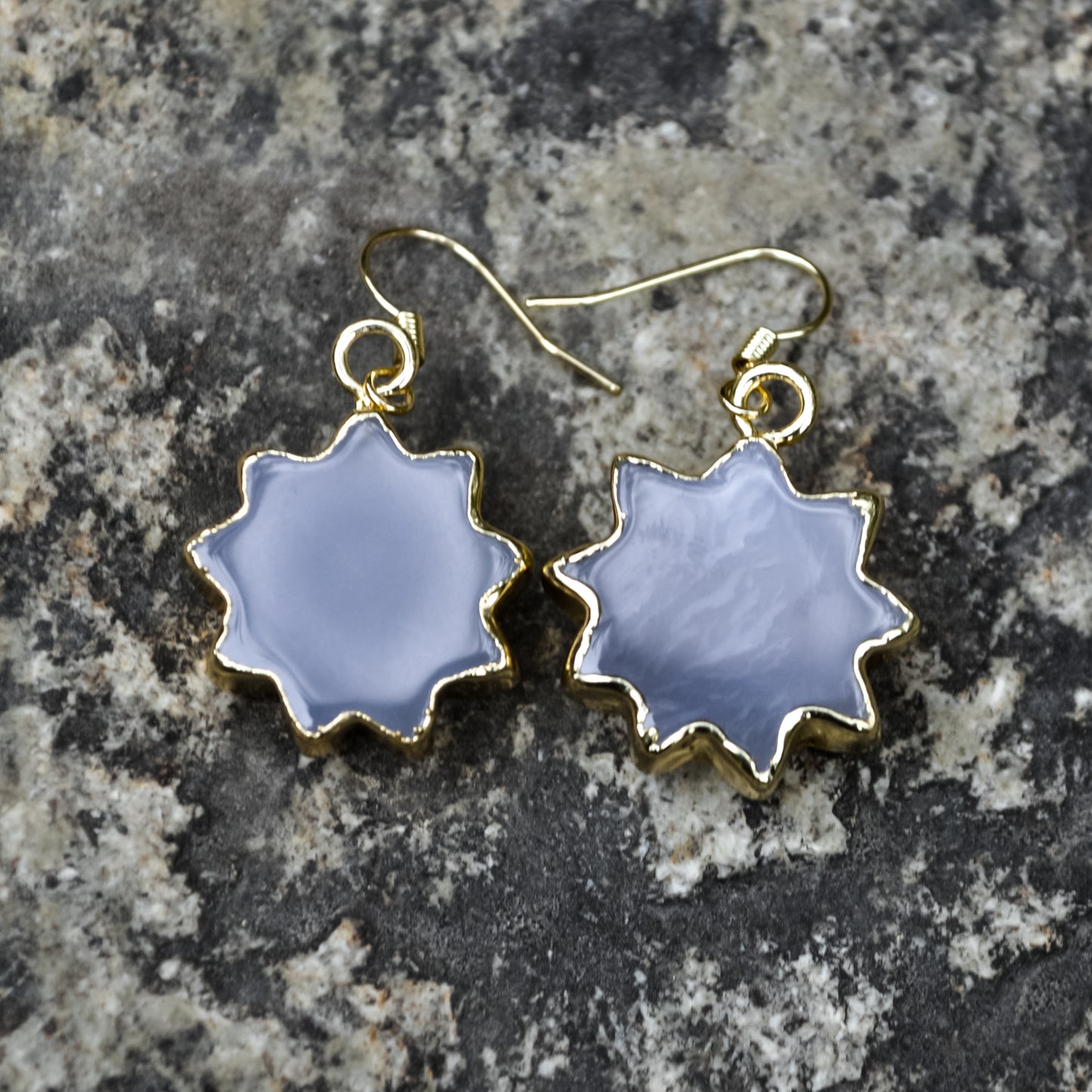 Elegant Sun Shape Natural Blue Chalcedony Gemstone Earring with White Copper