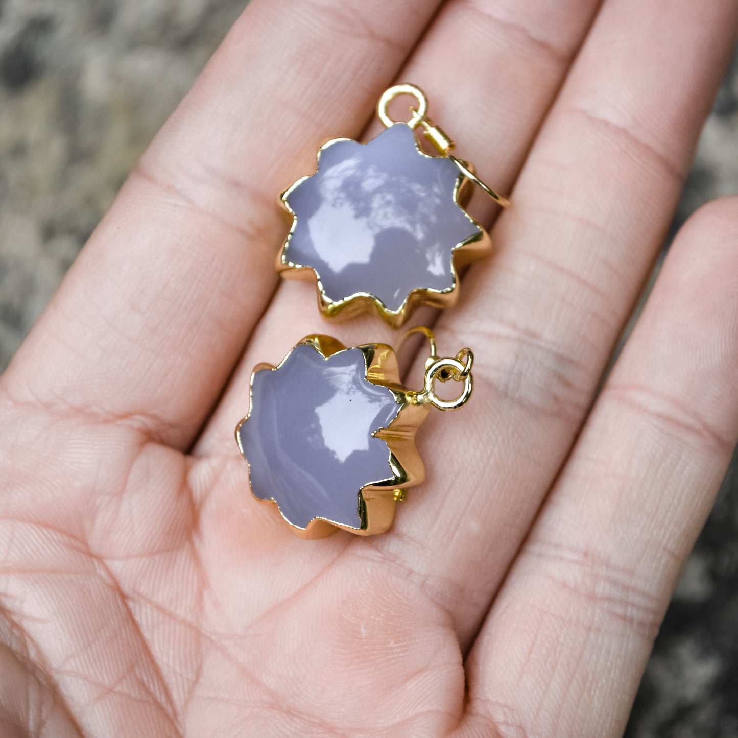 Elegant Sun Shape Natural Blue Chalcedony Gemstone Earring with White Copper