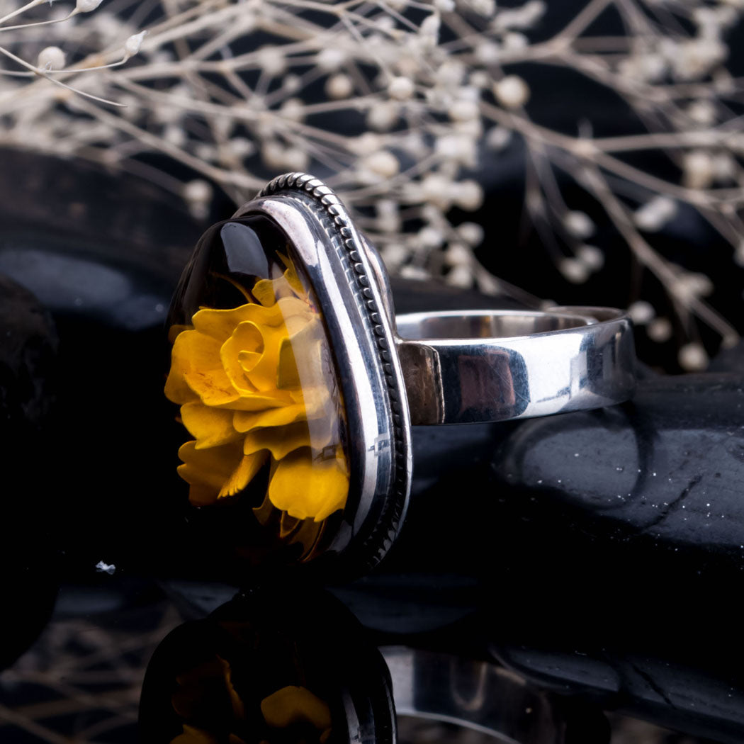 Baltic Amber & Silver Ring with Flower Carved