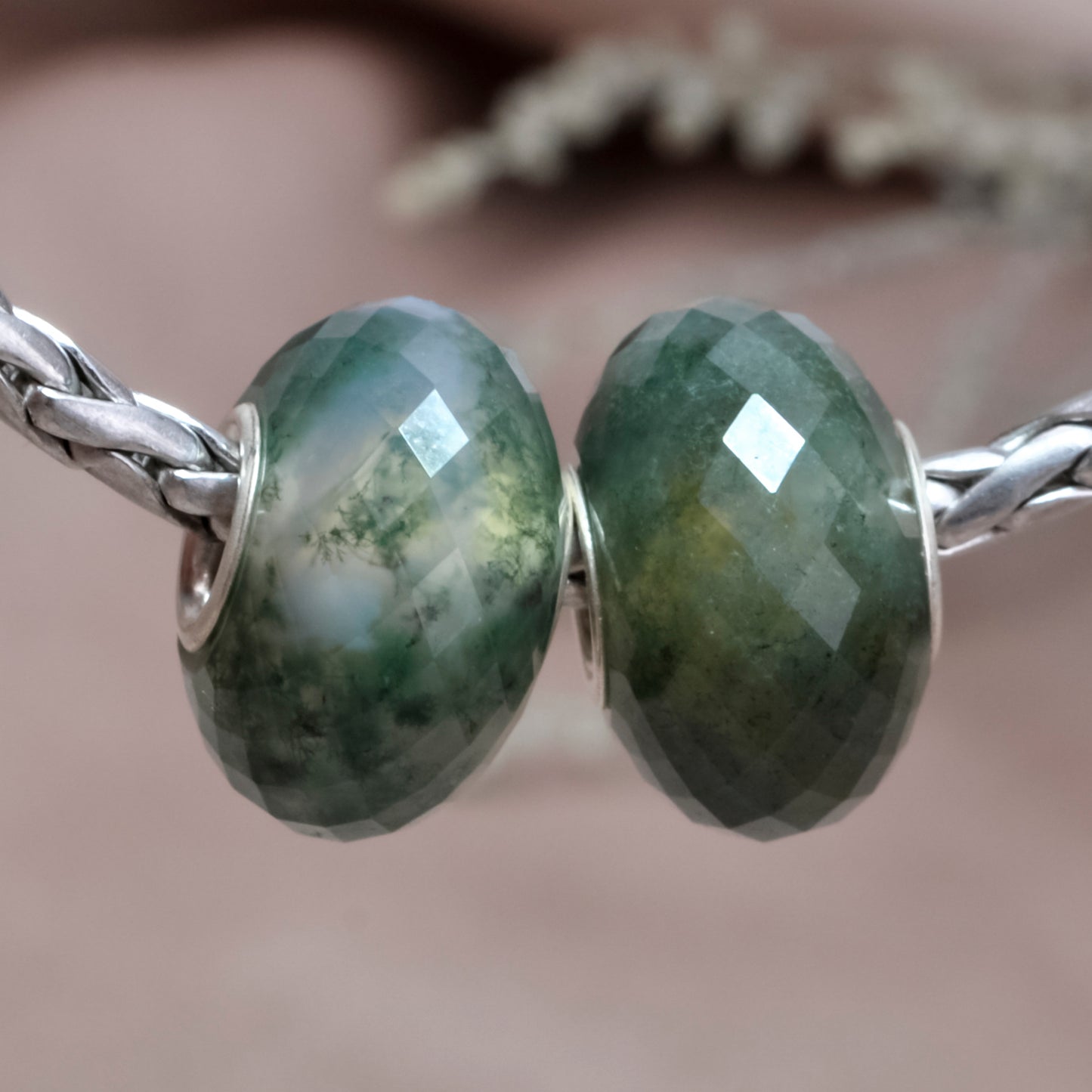 Faceted Green Waterweeds Agate Carnelian Gemstone Fashion Style Bead with Sterling Silver Core for European Bracelets