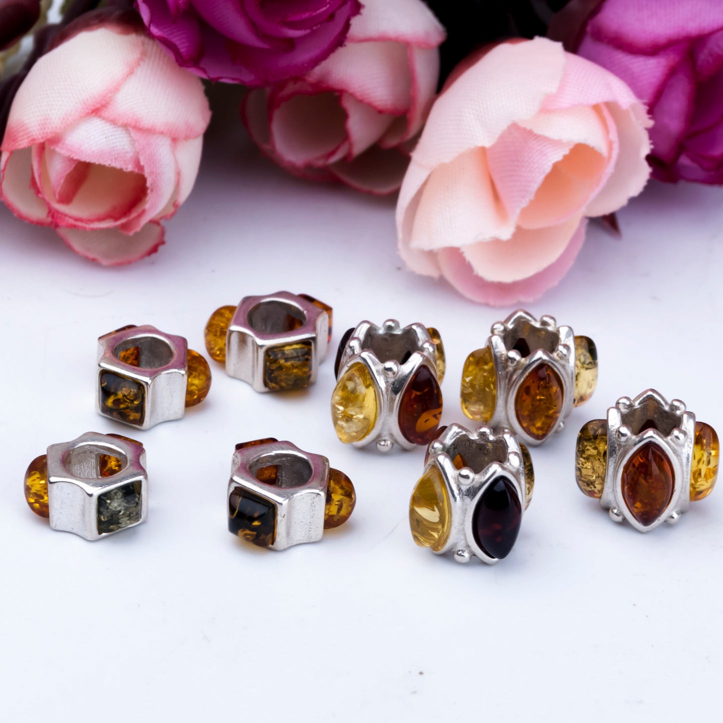 Sterling Sliver Beads Inlay with Gorgeous Ambers Creative Design Jewellery for European Bracelets