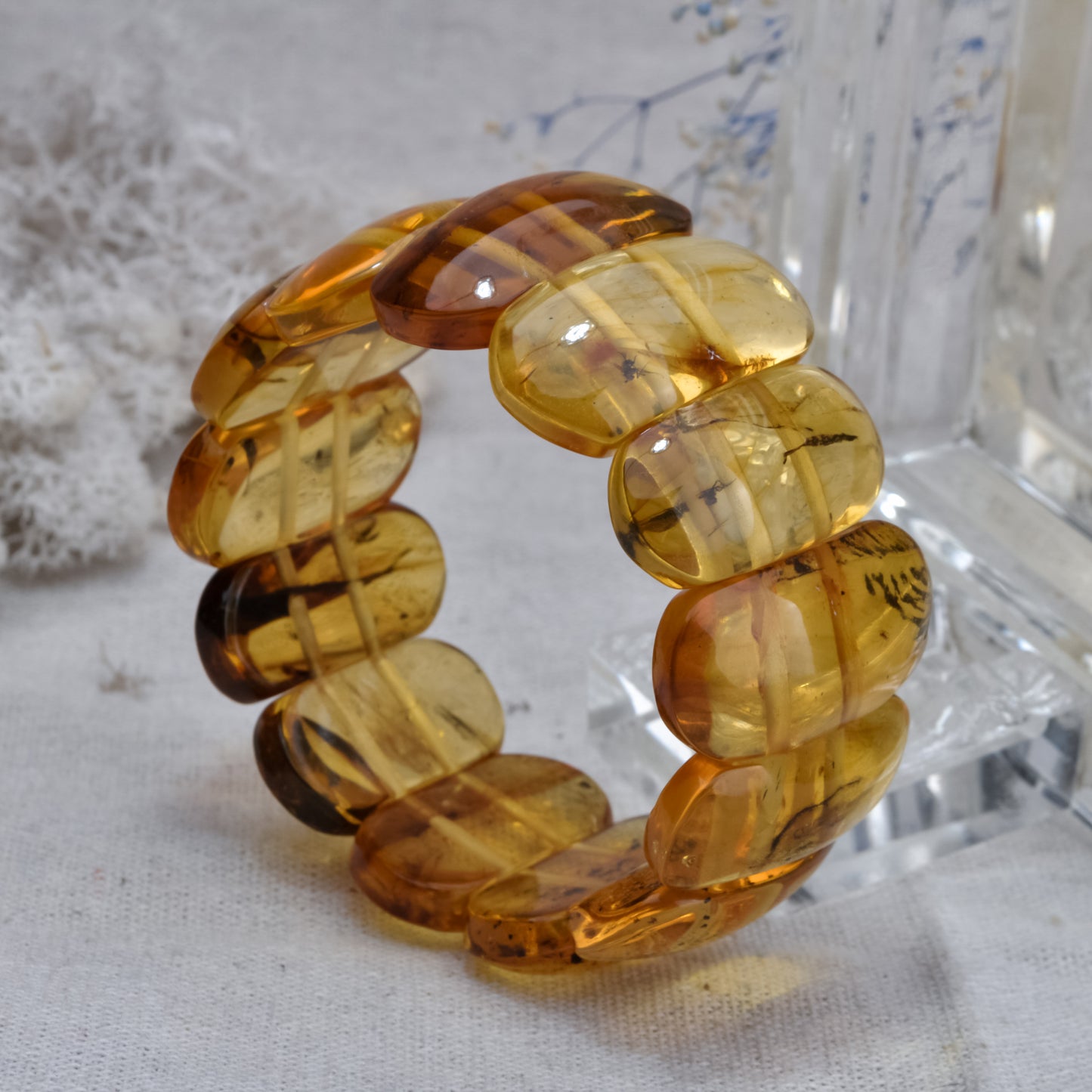 Handmade Cognac Color Charm Bracelet with Large Modern Smooth Natural Amber Gemstone Beads