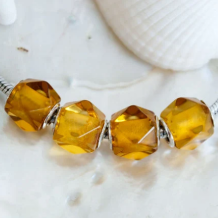 Faceted Baltic Cognac Polyhedron Amber Bead with Big Sterling Sliver Core for European Charm Bracelets