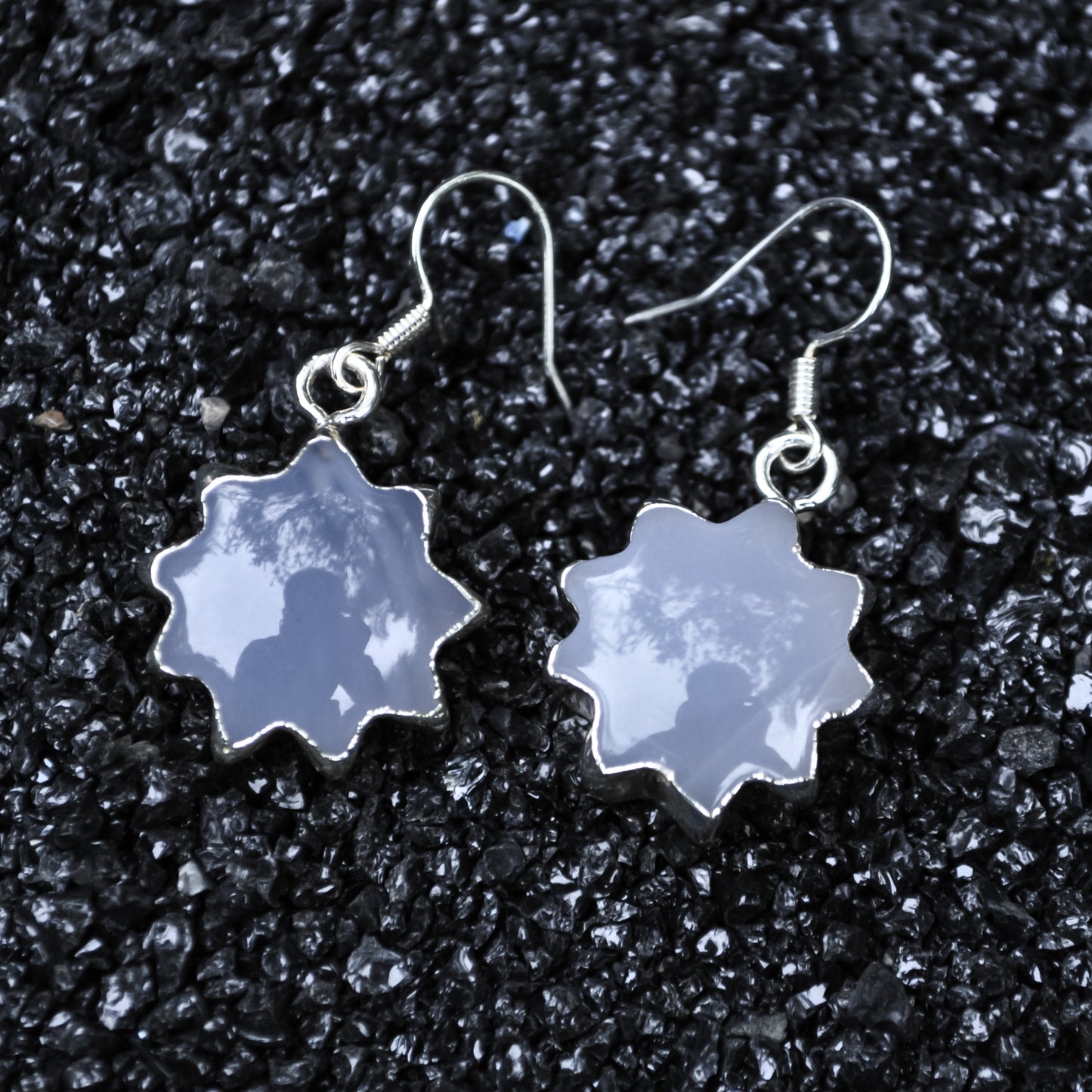 Elegant Sun Shape Natural Blue Chalcedony Gemstone Earring with White Copper
