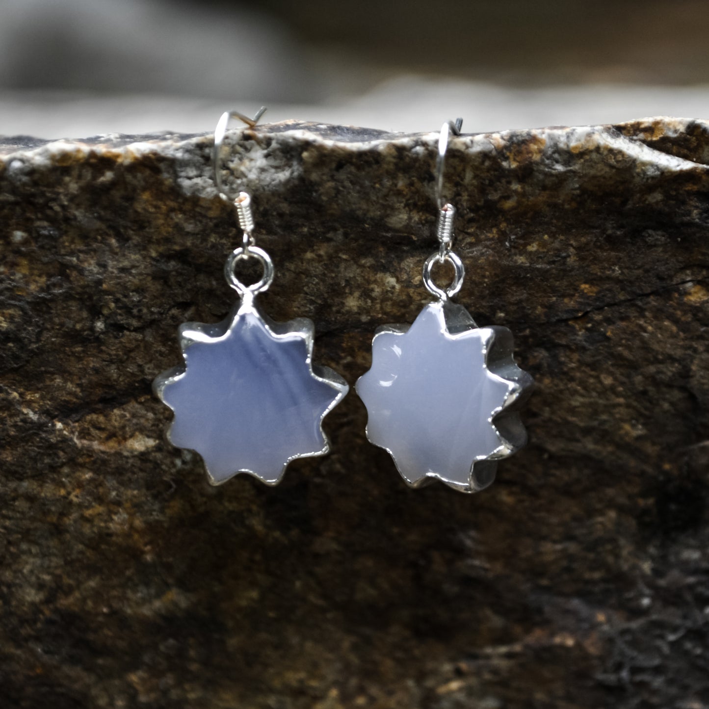 Elegant Sun Shape Natural Blue Chalcedony Gemstone Earring with White Copper
