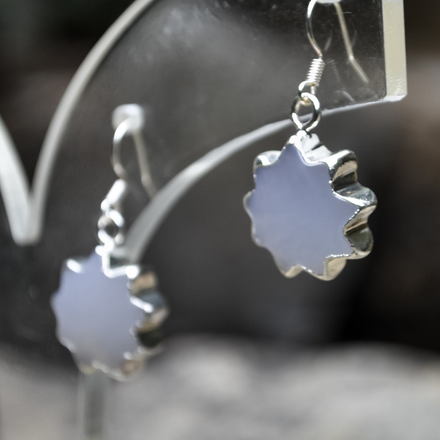 Elegant Sun Shape Natural Blue Chalcedony Gemstone Earring with White Copper