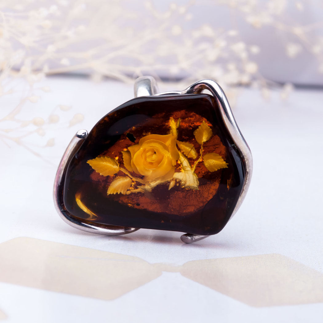 Hand Carved Designer Baltic Amber & Silver Ring with Flower Carved in Genuine Amber Stone