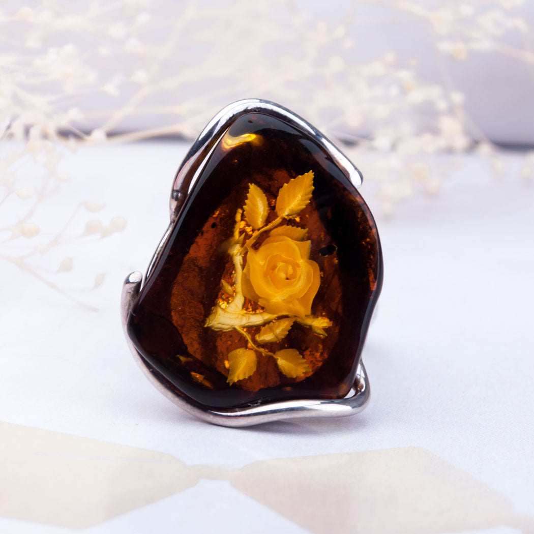Hand Carved Designer Baltic Amber & Silver Ring with Flower Carved in Genuine Amber Stone