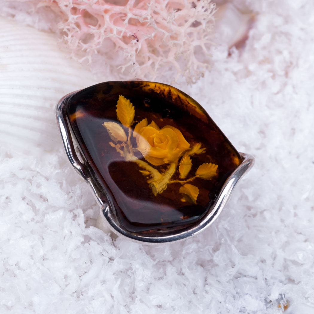 Hand Carved Designer Baltic Amber & Silver Ring with Flower Carved in Genuine Amber Stone