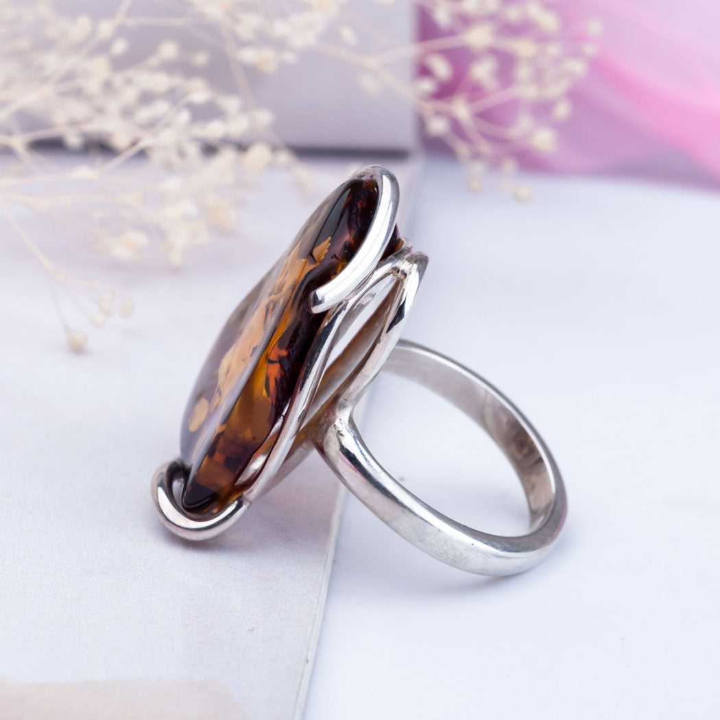 Hand Carved Designer Baltic Amber & Silver Ring with Flower Carved in Genuine Amber Stone