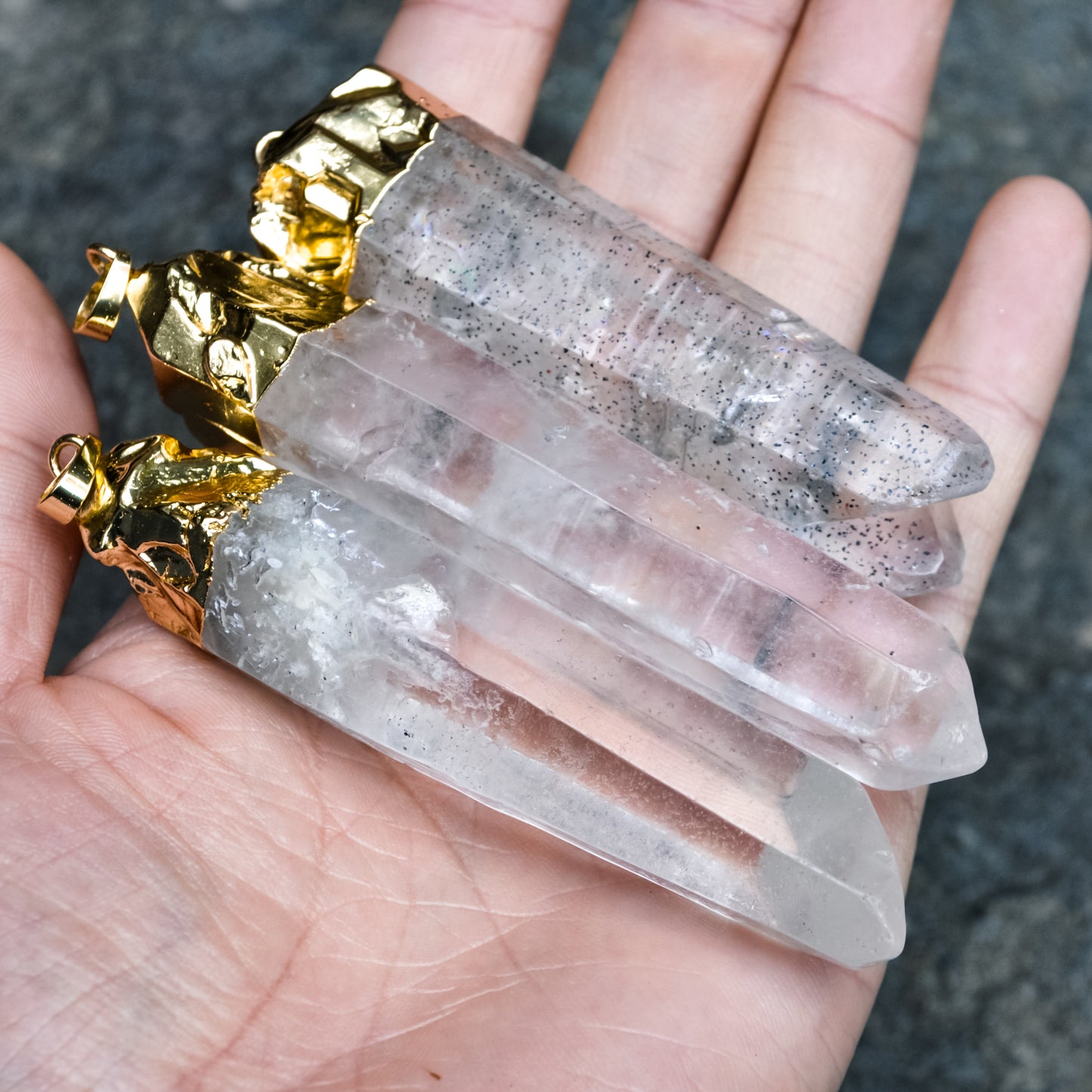 Amazing Gold Plated Raw Transparent White Quartz Crystal Natural Layering Pendant