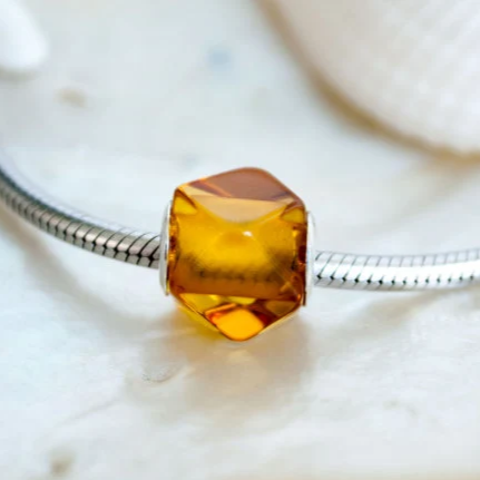 Faceted Baltic Cognac Polyhedron Amber Bead with Big Sterling Sliver Core for European Charm Bracelets