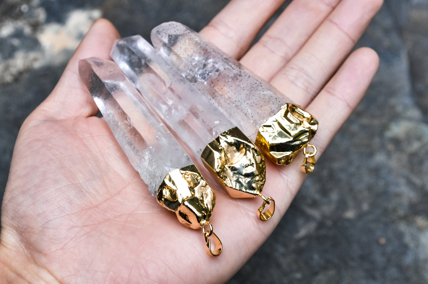 Amazing Gold Plated Raw Transparent White Quartz Crystal Natural Layering Pendant