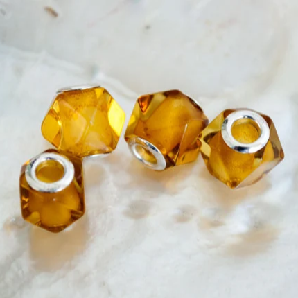 Faceted Baltic Cognac Polyhedron Amber Bead with Big Sterling Sliver Core for European Charm Bracelets