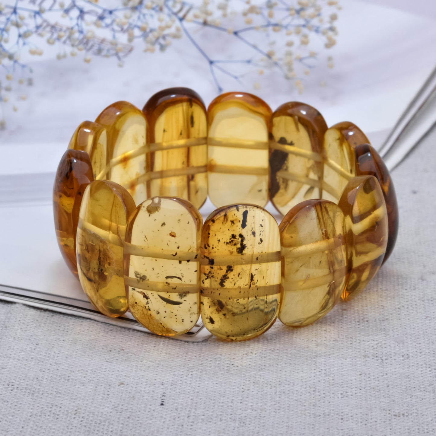 Handmade Cognac Color Charm Bracelet with Large Modern Smooth Natural Amber Gemstone Beads