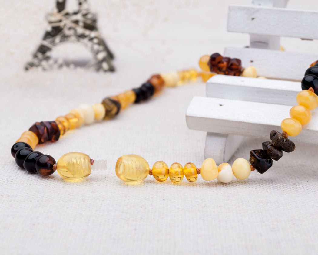 Multicolour Baltic Amber Beads Necklace with Screw Clasp and Safe Knoted Teething Amber Necklace