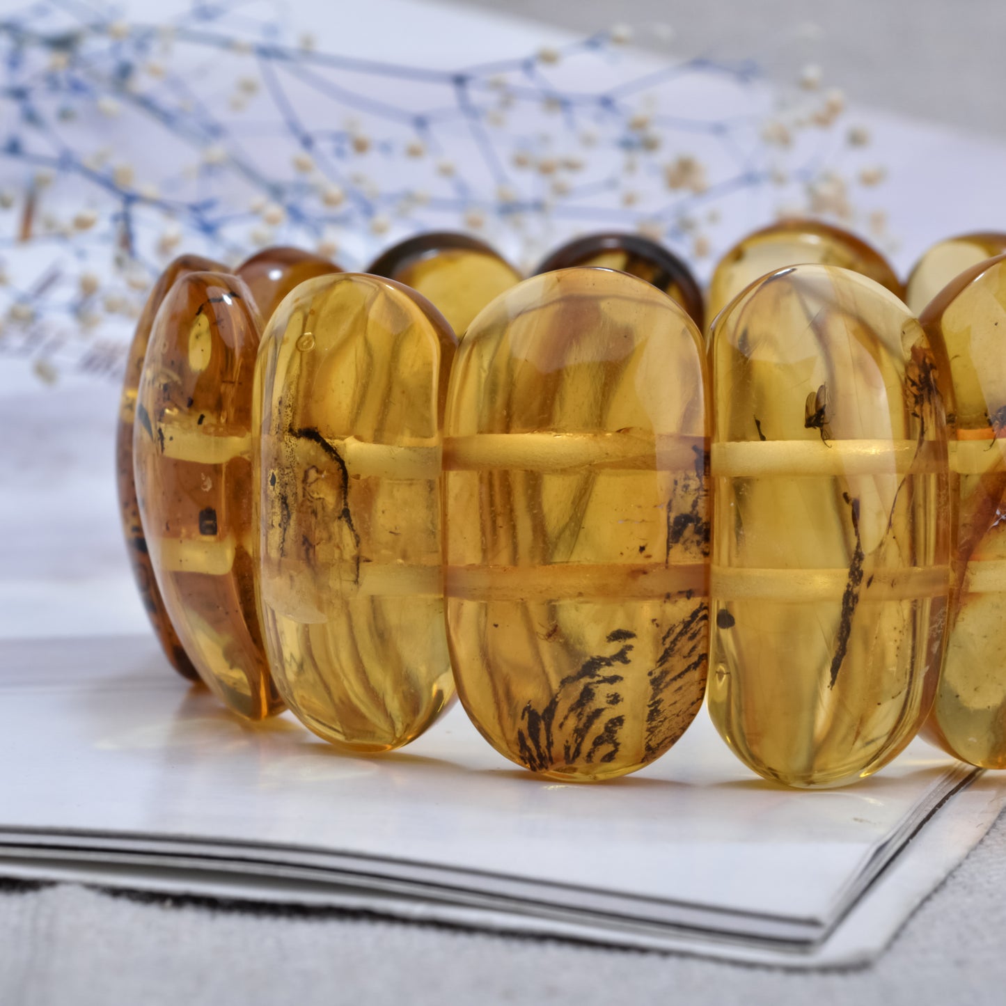 Handmade Cognac Color Charm Bracelet with Large Modern Smooth Natural Amber Gemstone Beads