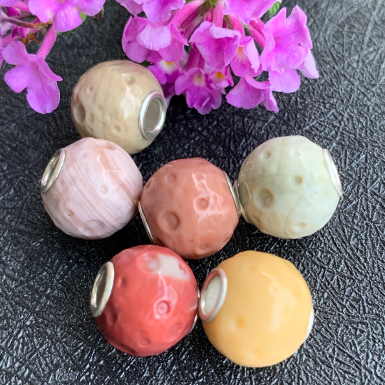Alashan Agate Bead Carved with Round Pits of Moon Surface Round bead With Silver Core for Trollbeads Bracelets or Some Pandora Bangles