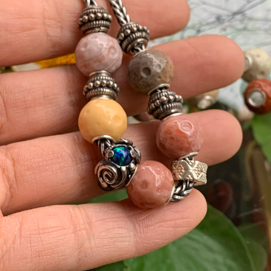Alashan Agate Bead Carved with Round Pits of Moon Surface Round bead With Silver Core for Trollbeads Bracelets or Some Pandora Bangles