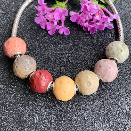 Alashan Agate Bead Carved with Round Pits of Moon Surface Round bead With Silver Core for Trollbeads Bracelets or Some Pandora Bangles
